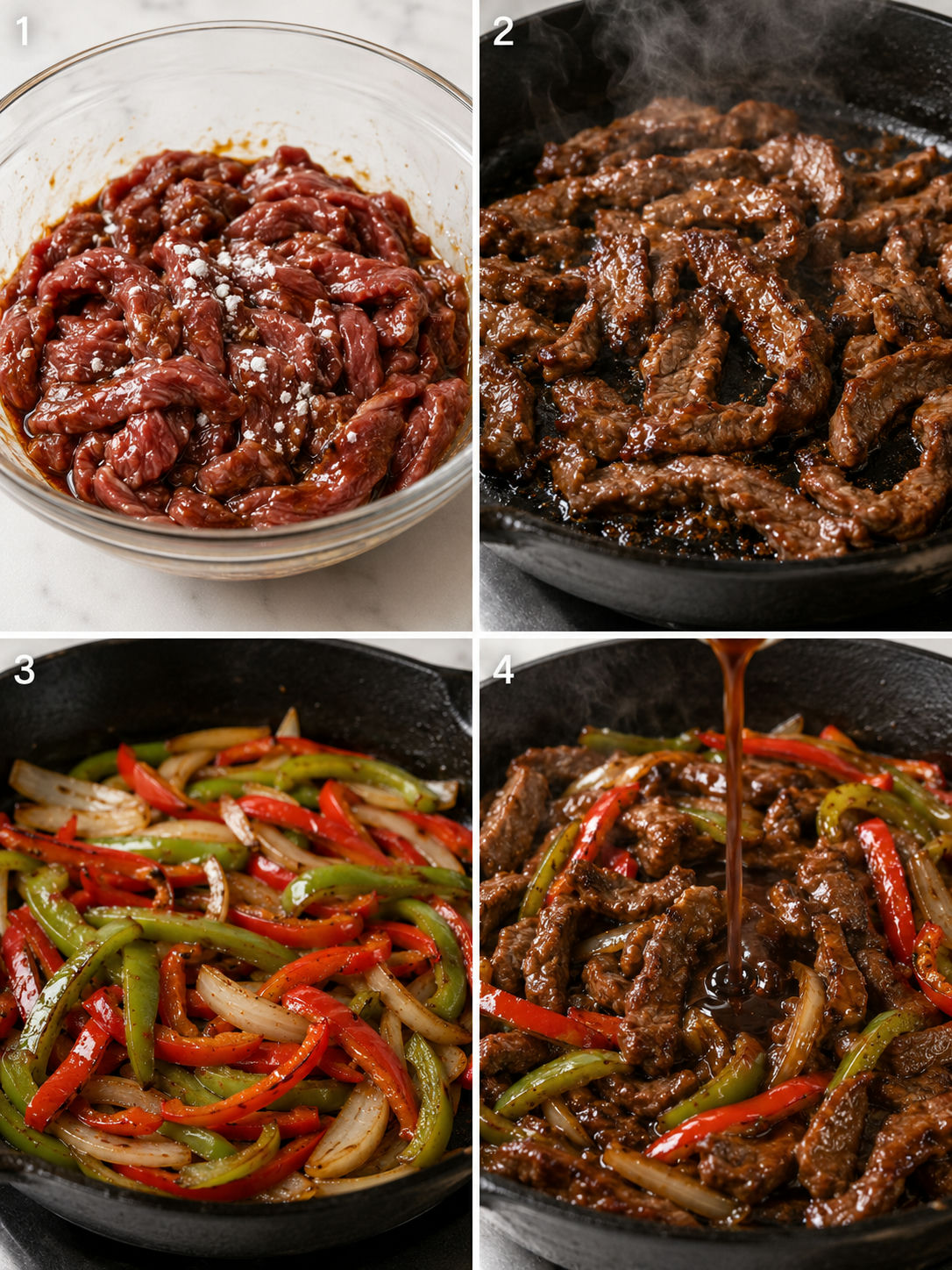 Four cooking steps for pepper steak: marinating beef, searing, cooking peppers, and finishing with sauce