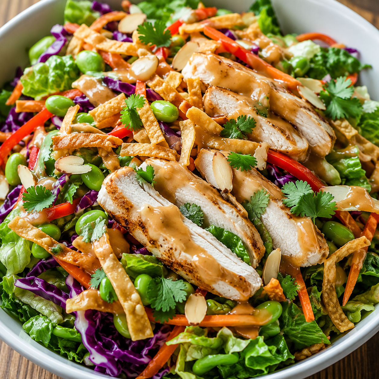 Panera Thai Chicken Salad with chicken, cabbage, edamame, almonds, and peanut dressing
