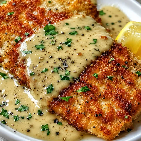 Parmesan crusted chicken with creamy garlic sauce and parsley