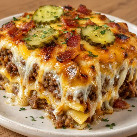 Parmesan garlic bacon cheeseburger lasagna slice with pickles and melted cheese