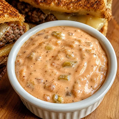 Patty melt secret sauce in a white ramekin with toasted sandwich wedges
