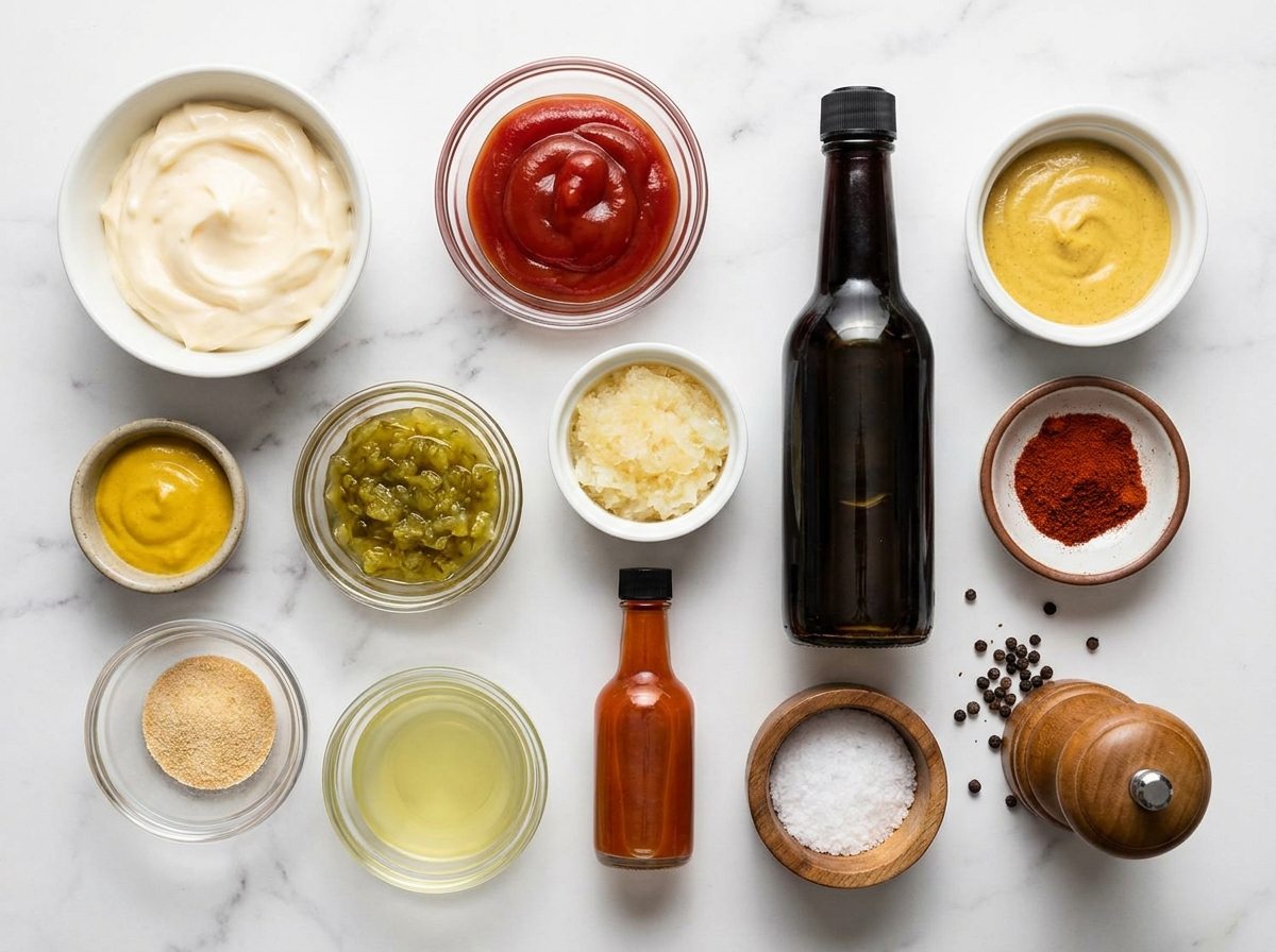 Ingredients for patty melt secret sauce with mayo, relish, mustard, and onion