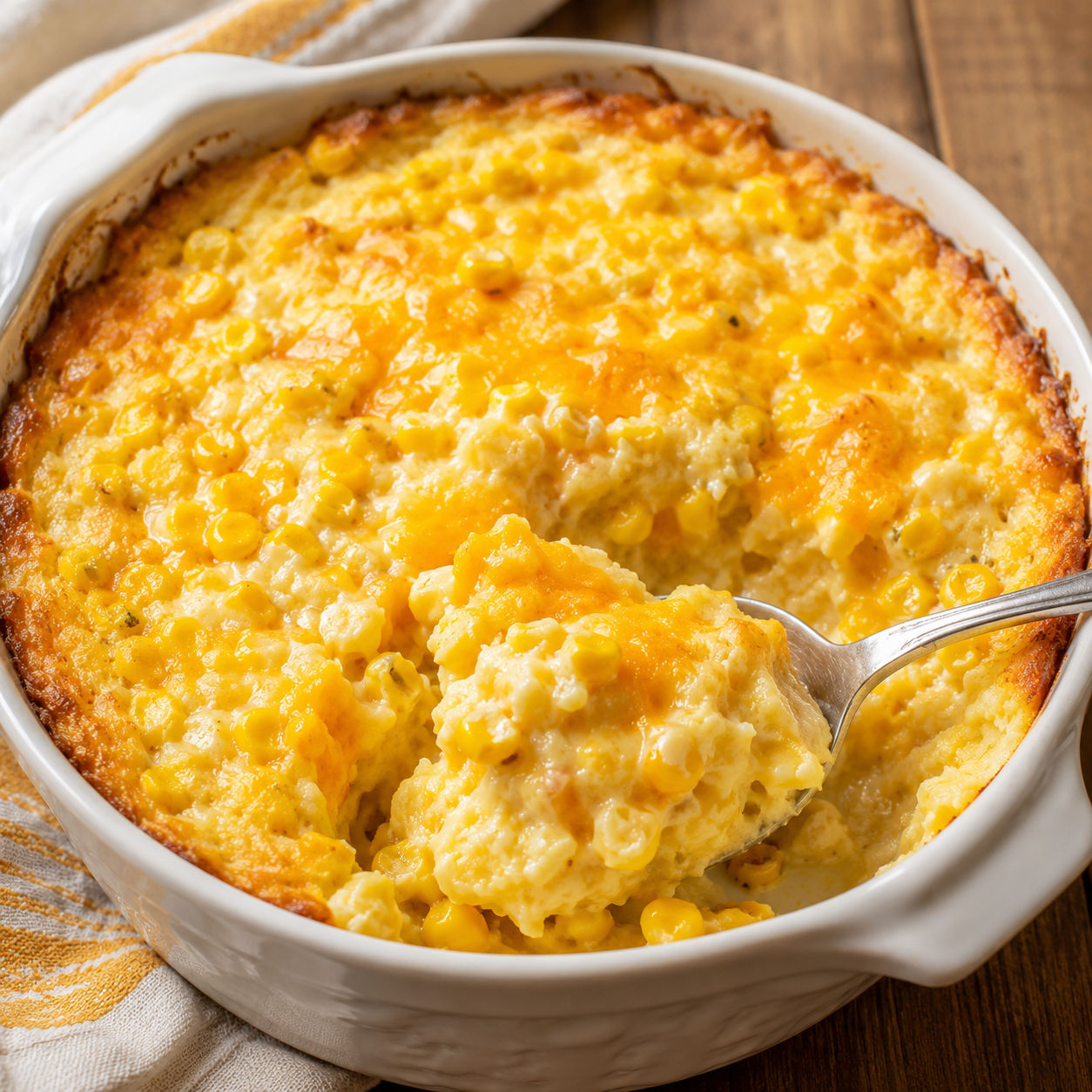 Golden corn casserole with melted cheddar and a creamy spoonful