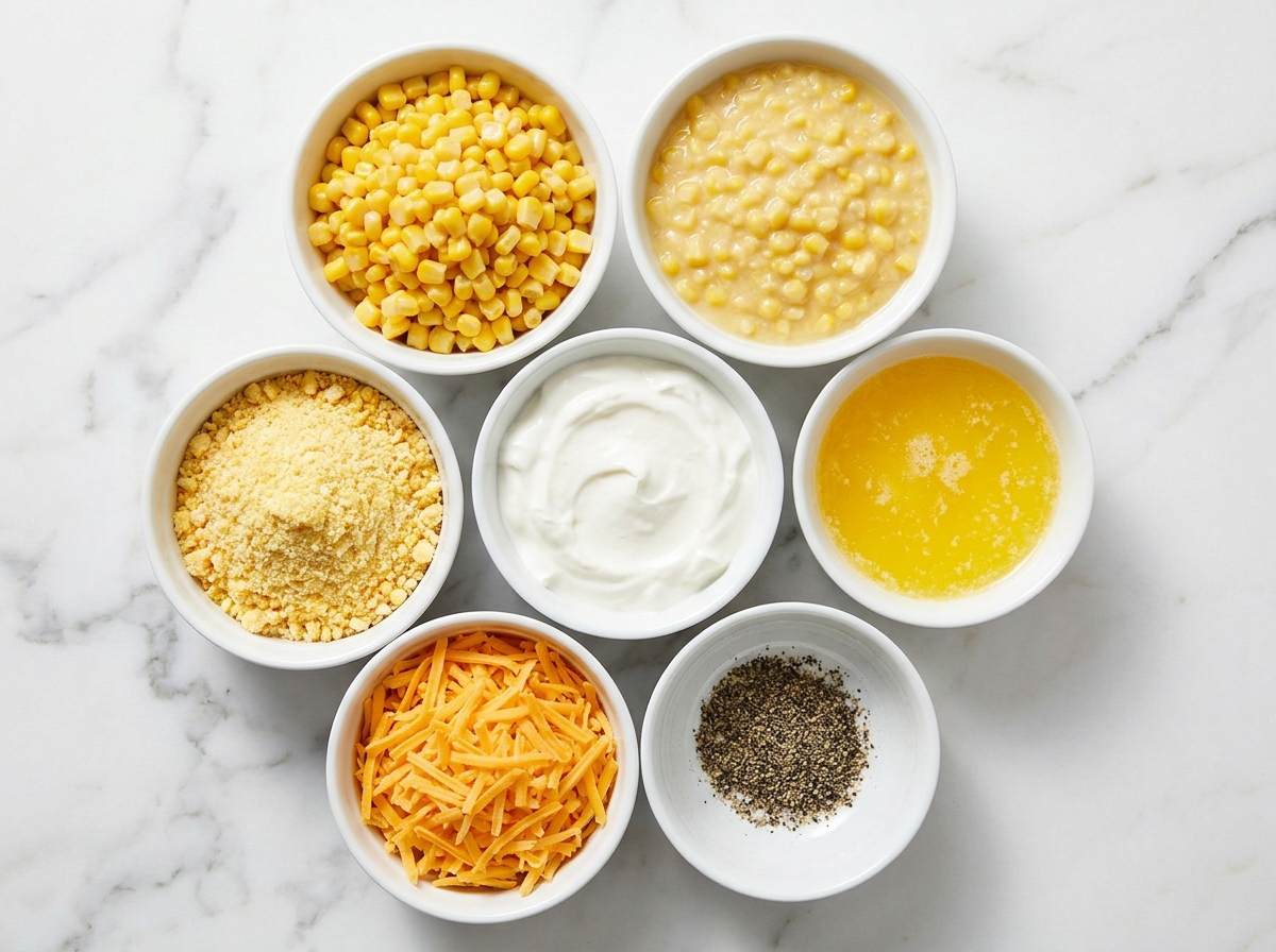 Corn casserole ingredients with corn, sour cream, butter, mix, and cheddar