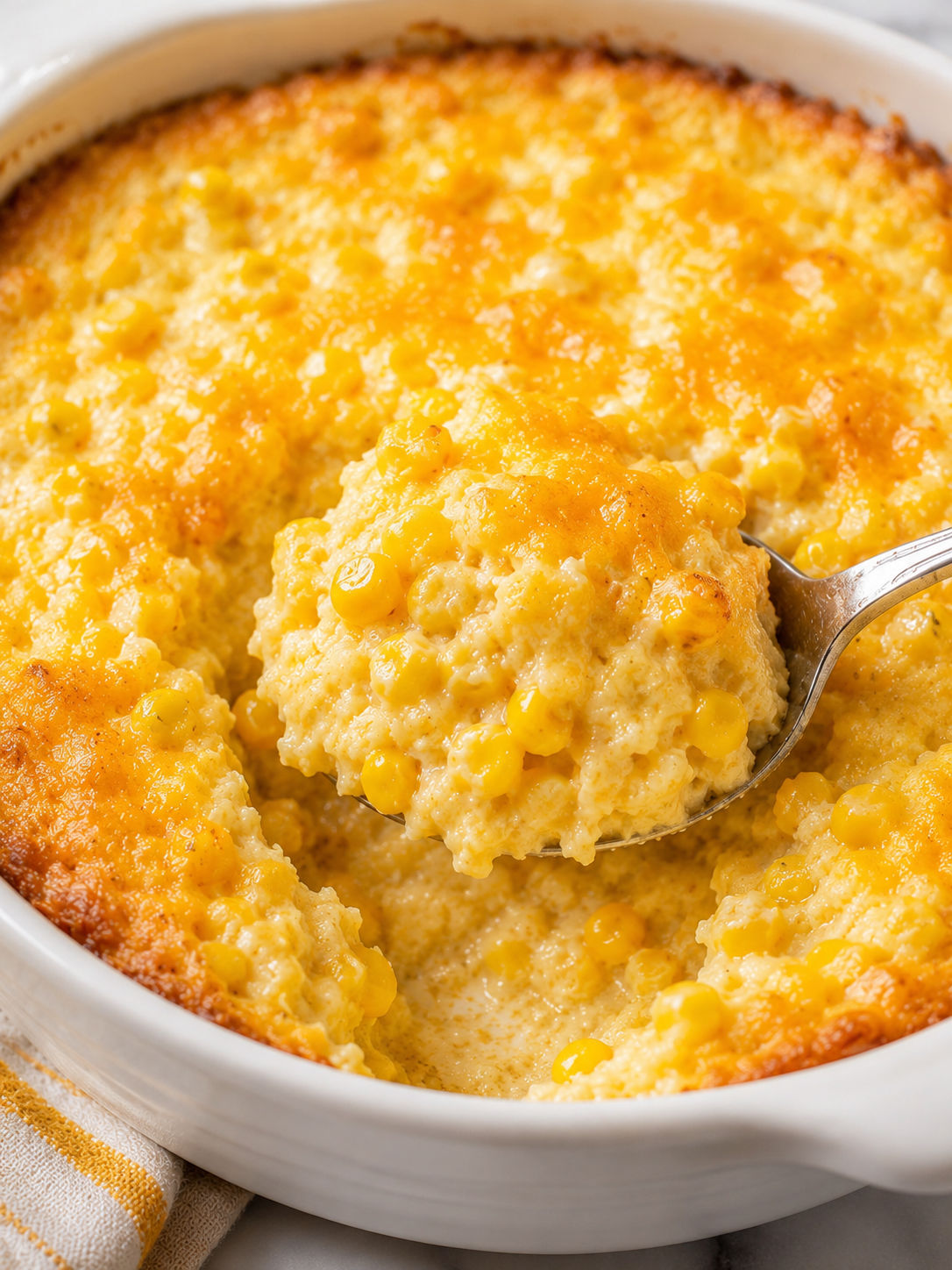 Paula Deen’s Corn Casserole, plated and served
