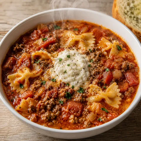 Lasagna soup with bow tie pasta, beef, ricotta topping, and parsley