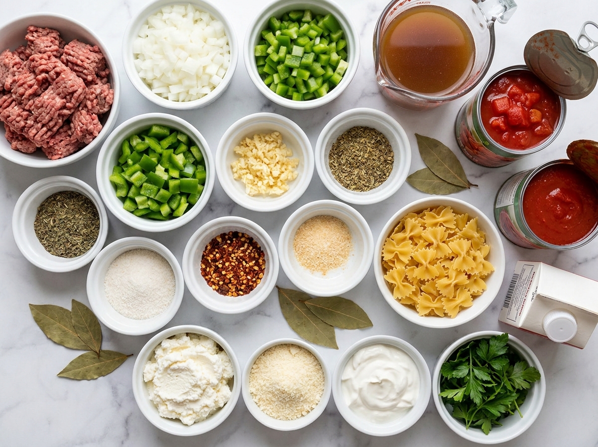 Ingredients for lasagna soup with beef, bow ties, tomatoes, herbs, and cheeses