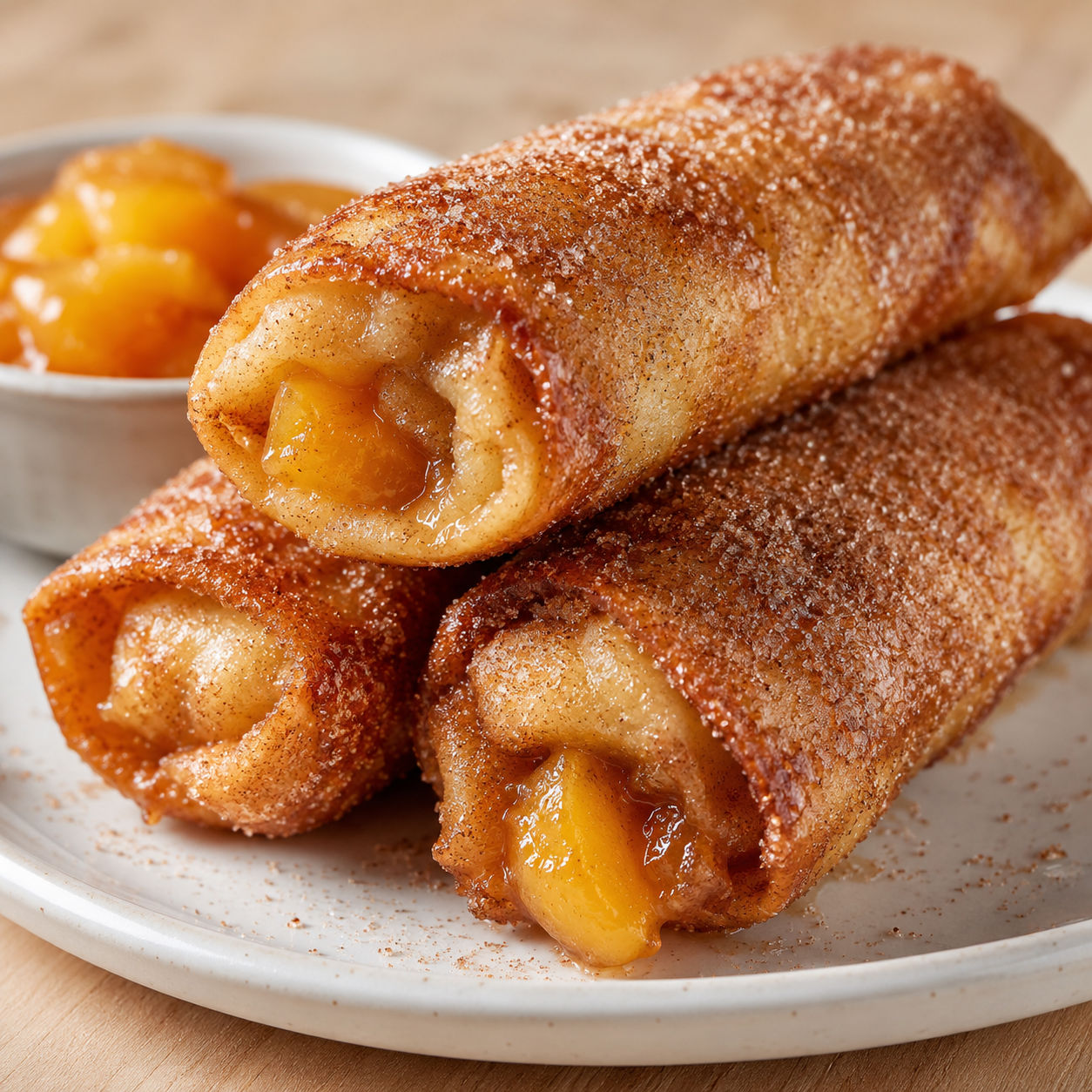 Golden fried peach cobbler egg rolls coated in cinnamon sugar on a white plate