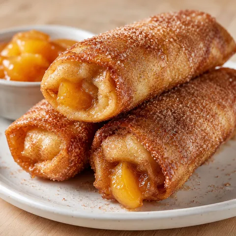 Golden fried peach cobbler egg rolls coated in cinnamon sugar on a white plate