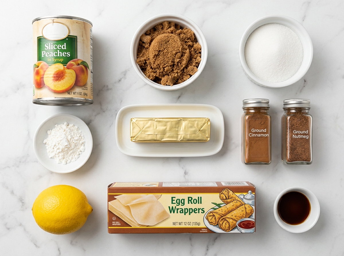Raw ingredients for peach cobbler egg rolls including peaches, brown sugar, and egg roll wrappers