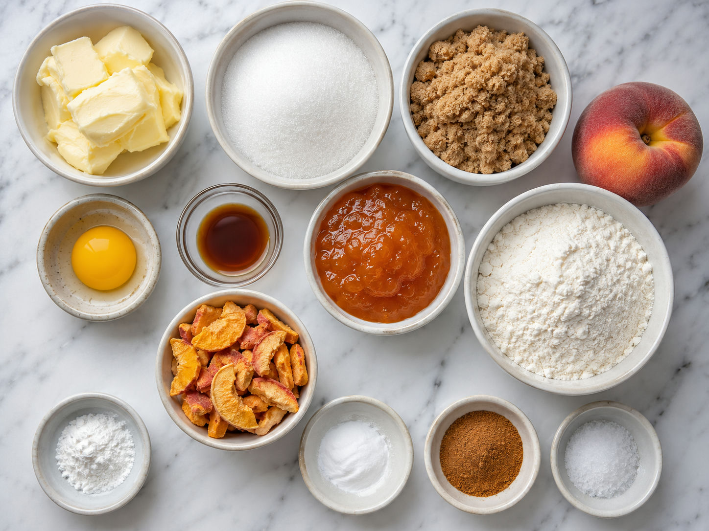 Ingredients for peach snickerdoodle cookies on a light wooden surface