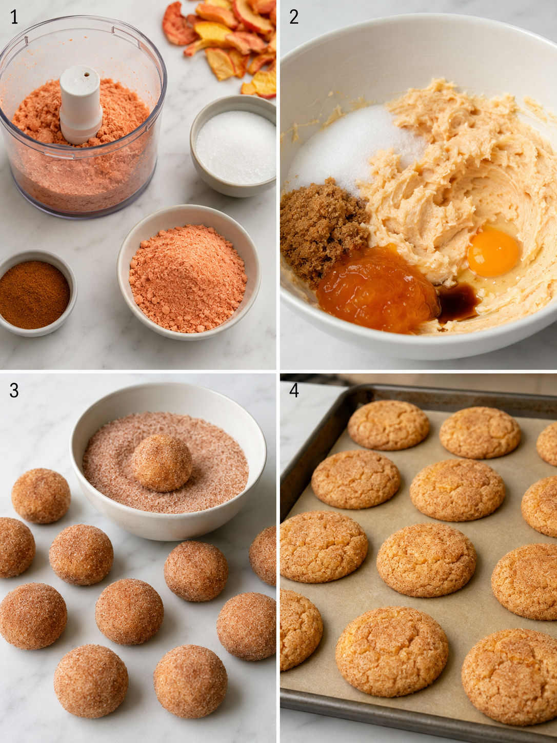 Four steps for making peach snickerdoodle cookies from mixing to baking