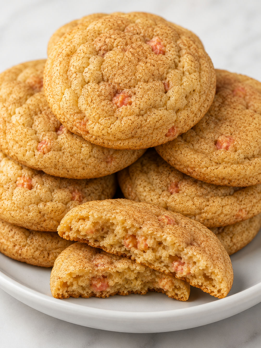 Stacked peach snickerdoodle cookies with a soft broken center