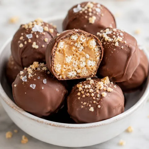 Chocolate peanut butter Rice Krispie balls with one cut open
