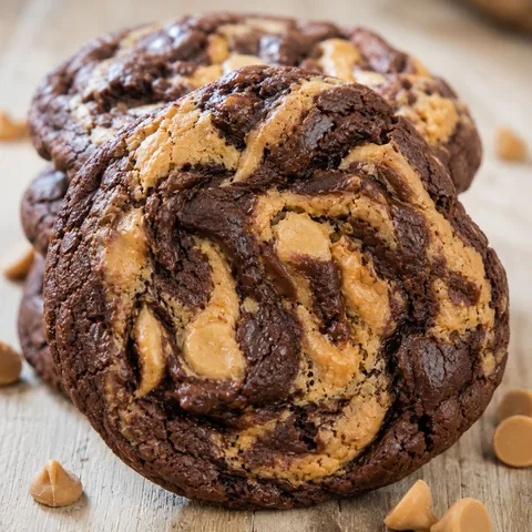 Stacked peanut butter brownie swirl cookies with crackly tops on a wooden board