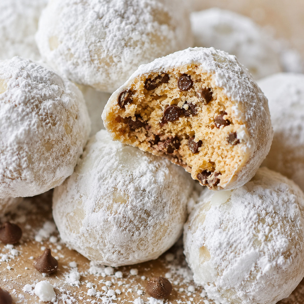 Peanut butter chocolate chip snowball cookies with powdered sugar