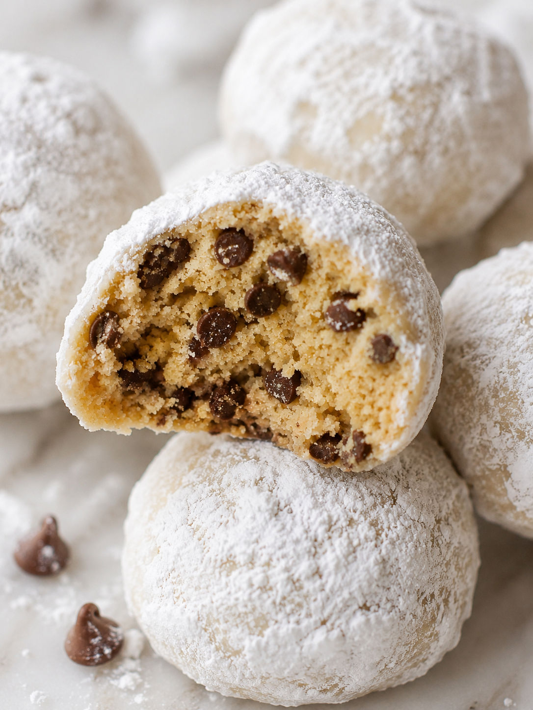 Peanut Butter Chocolate Chip Snowball Cookies, plated and served