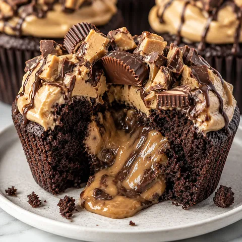 Peanut butter cup lava cupcake split open with melted chocolate peanut butter center