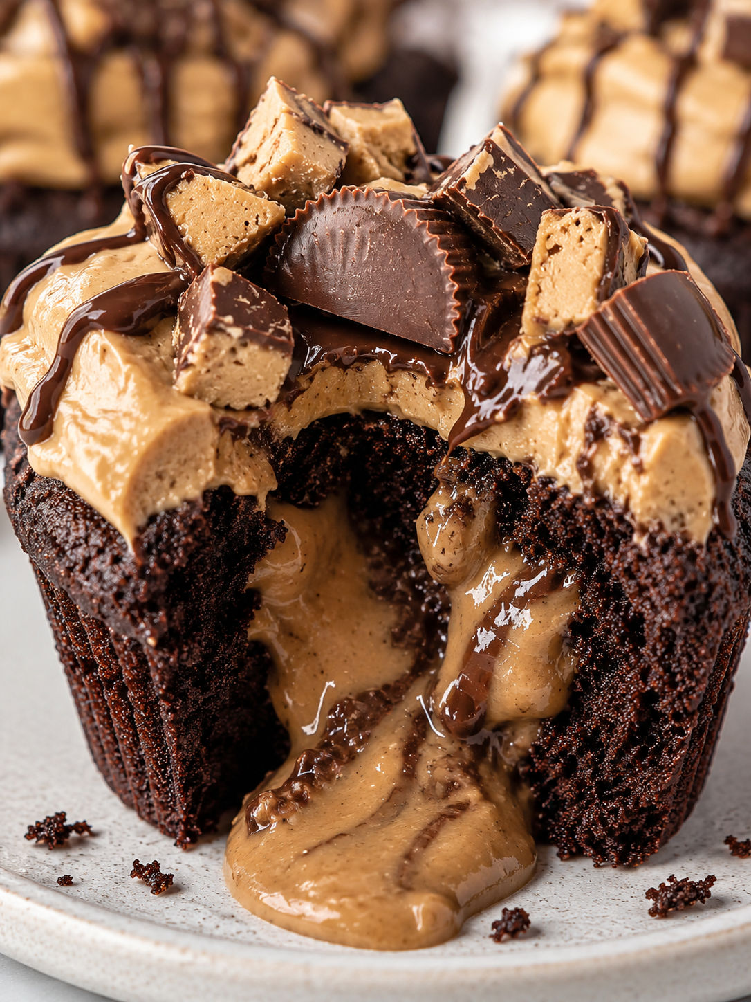 Peanut Butter Cup Lava Cupcakes, plated and served