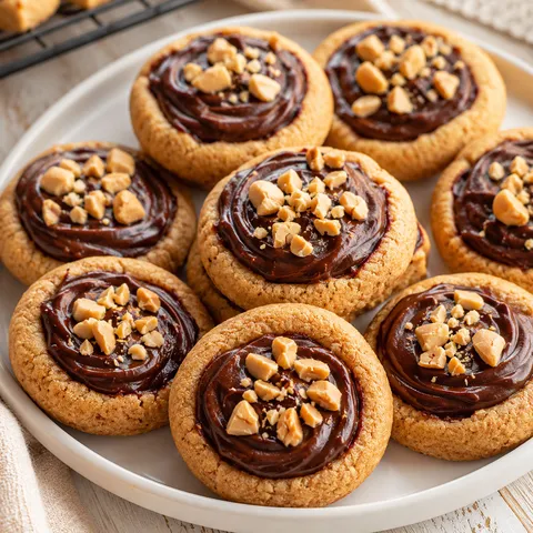 Peanut Butter Fudge Puddles with glossy chocolate centers and chopped peanuts