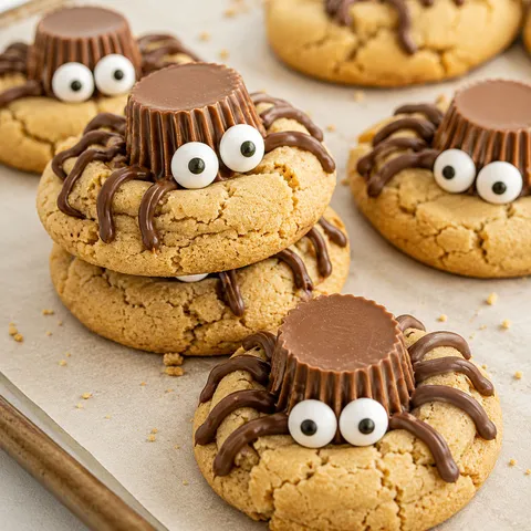 Peanut butter spider cookies with chocolate cup bodies and candy eyes