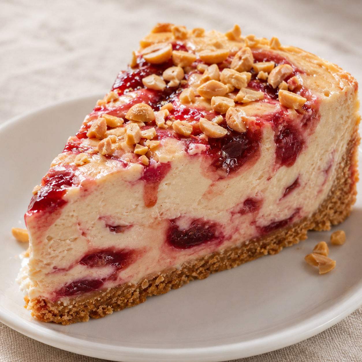 Peanut butter and jelly cheesecake slice with jam swirls and chopped peanuts