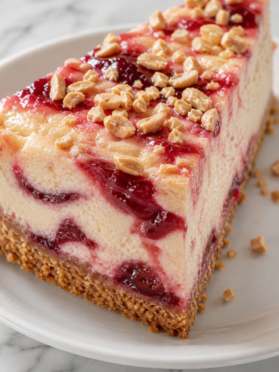 Peanut Butter and Jelly Cheesecake, plated and served