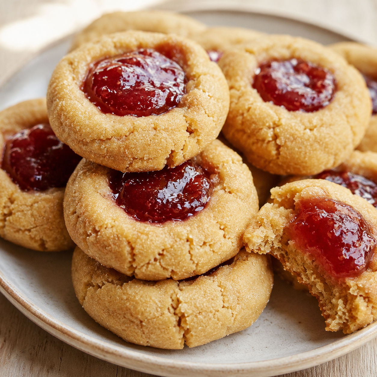 Peanut butter and jelly thumbprint cookies with glossy red jam centers