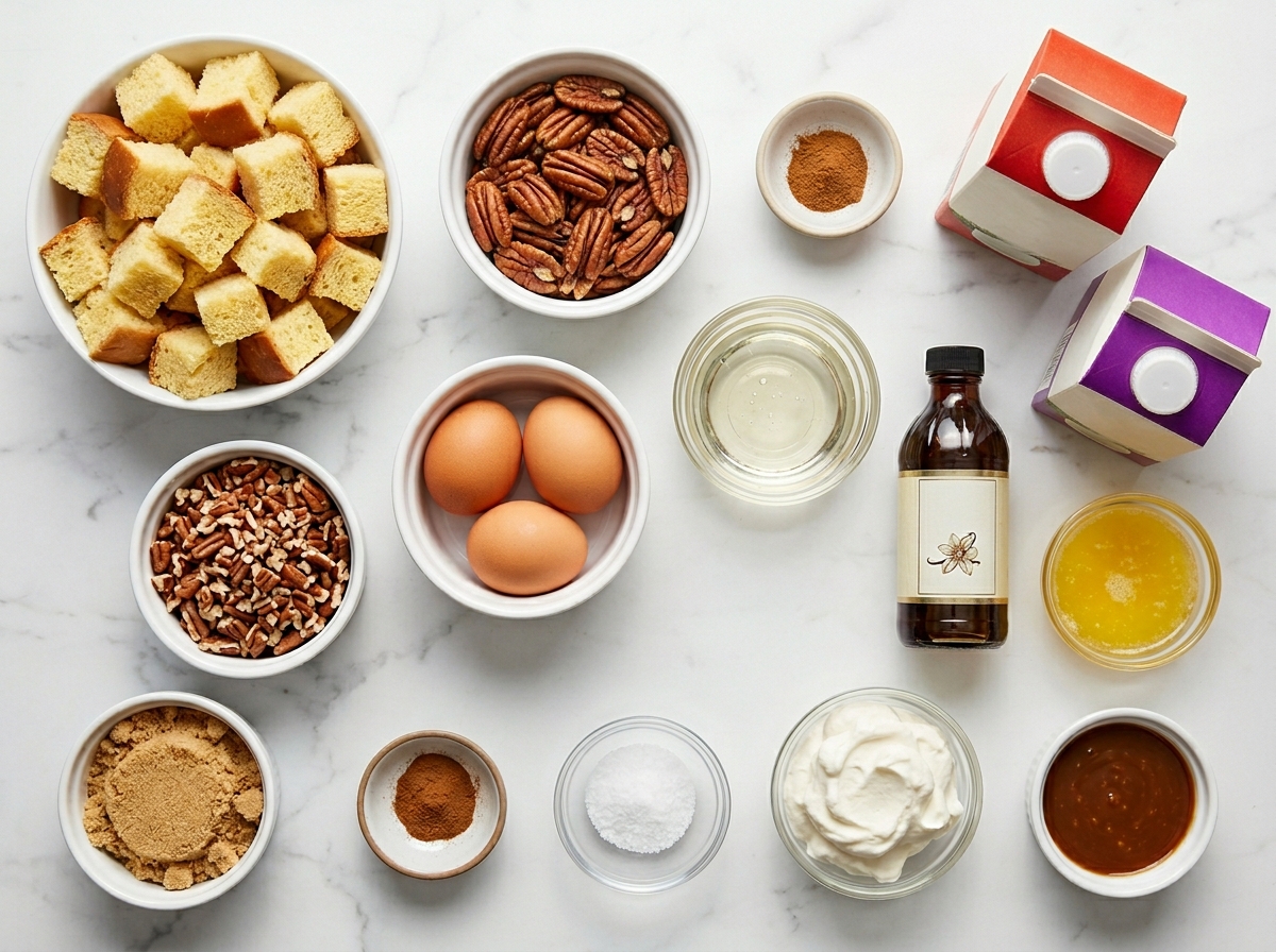 Ingredients for pecan pie bread pudding with bread cubes and pecans