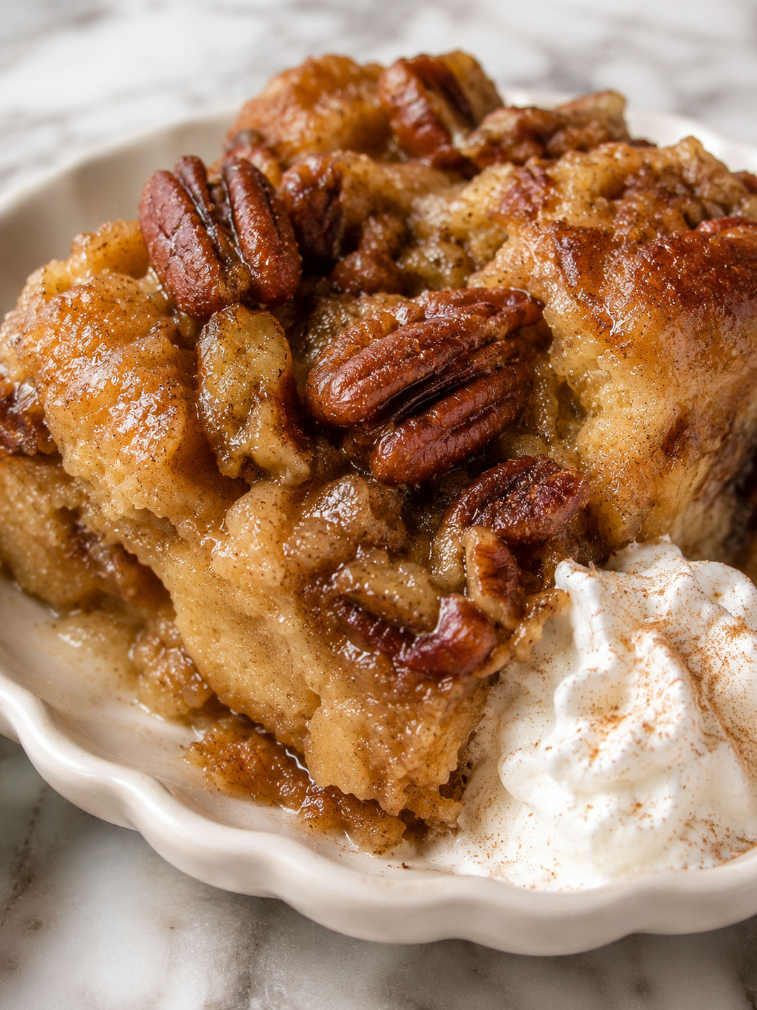 Pecan Pie Bread Pudding, plated and served