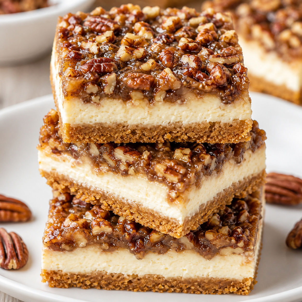 Pecan pie cheesecake bars with glossy pecan topping on a white plate