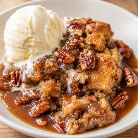 Pecan pie cobbler with toasted pecans and melting vanilla ice cream