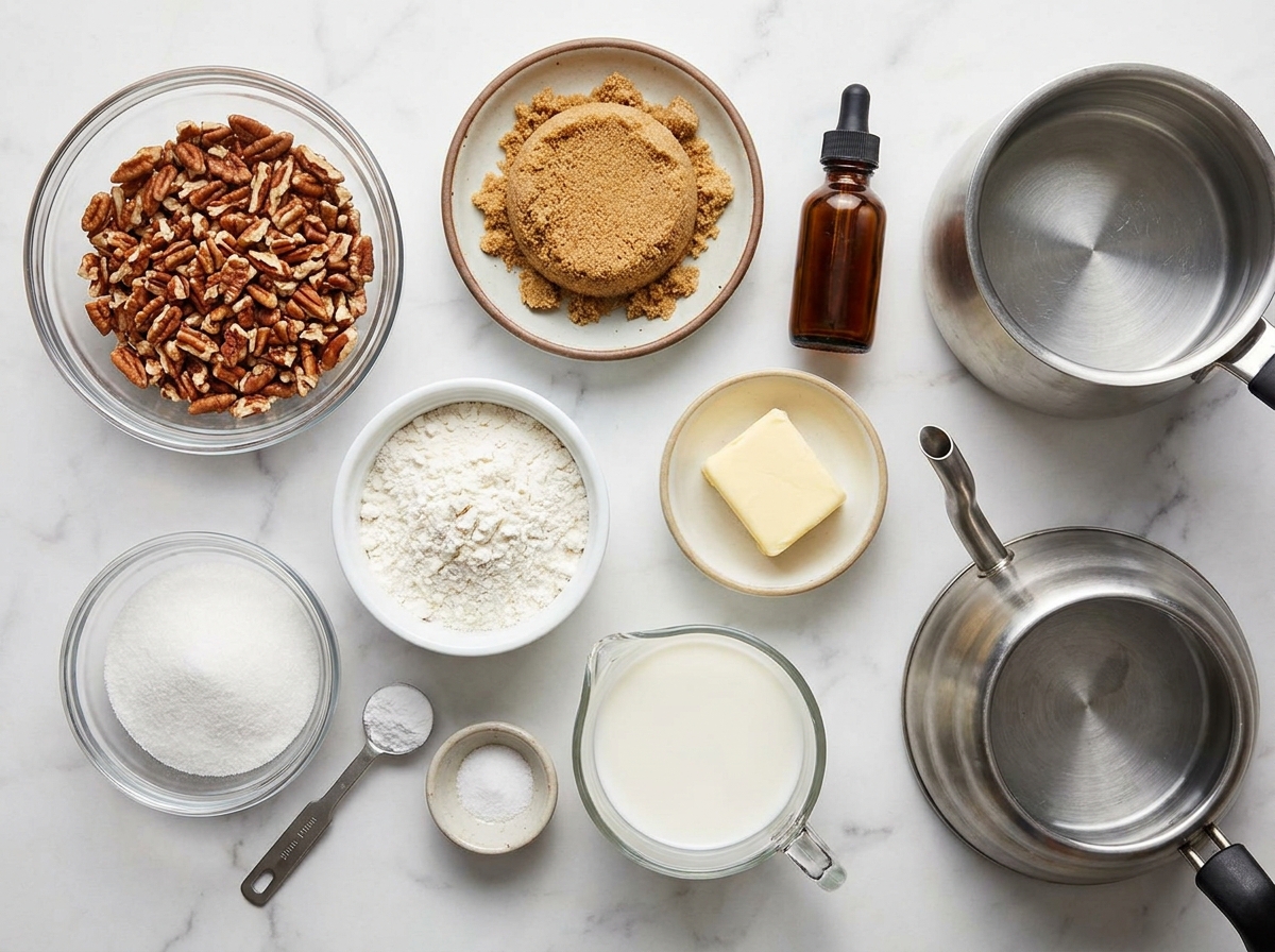 Ingredients for pecan pie cobbler with pecans, brown sugar, butter, milk, and flour