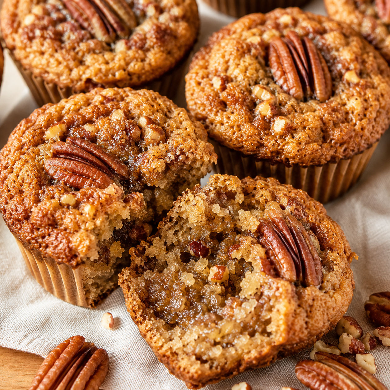 Pecan pie muffins with brown sugar, pecans, and a soft split center