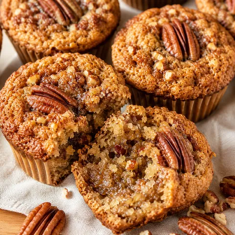 Pecan pie muffins with brown sugar, pecans, and a soft split center