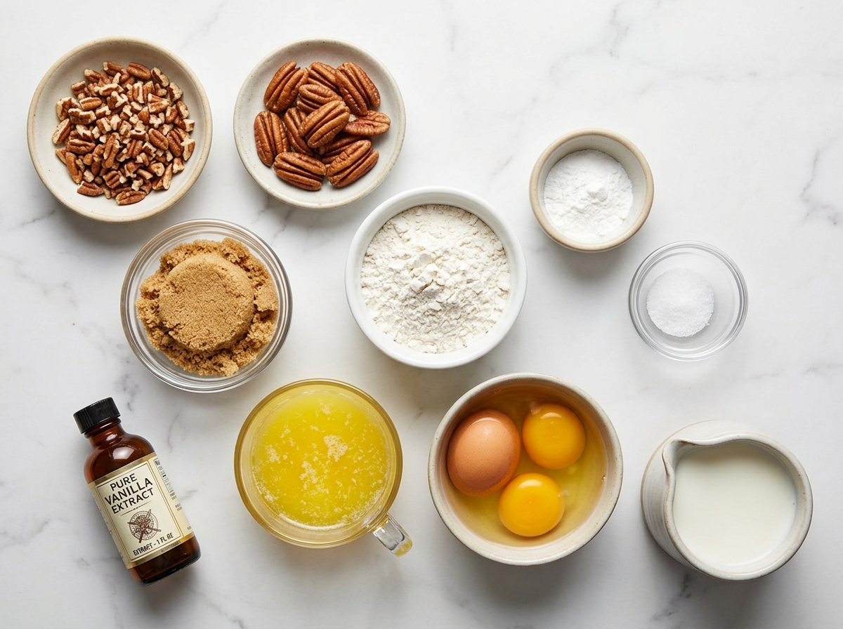 Ingredients for pecan pie muffins with brown sugar, butter, eggs, and pecans