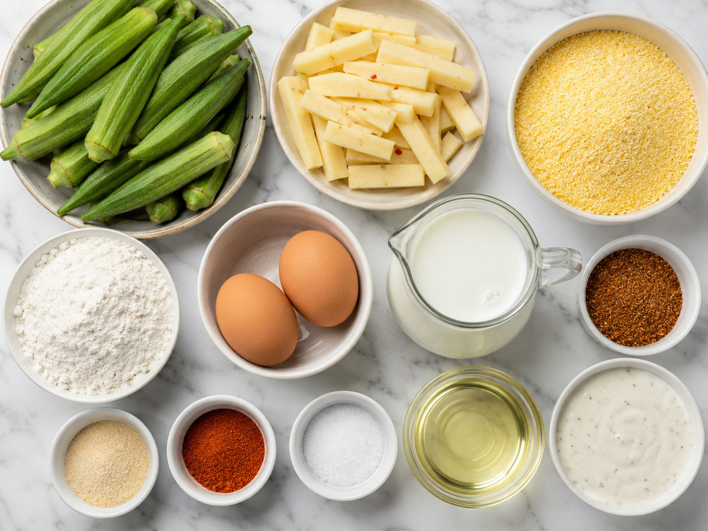 Fresh okra, pepper jack, cornmeal, flour, eggs, and buttermilk for frying