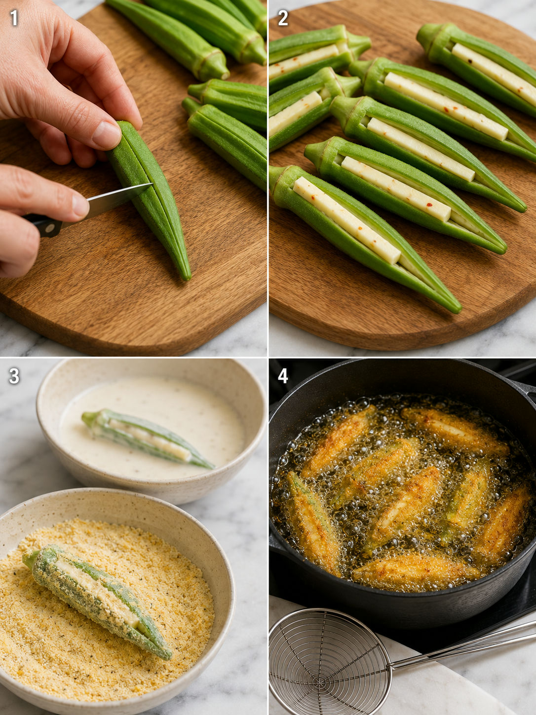 Steps for stuffing, breading, and frying pepper jack okra