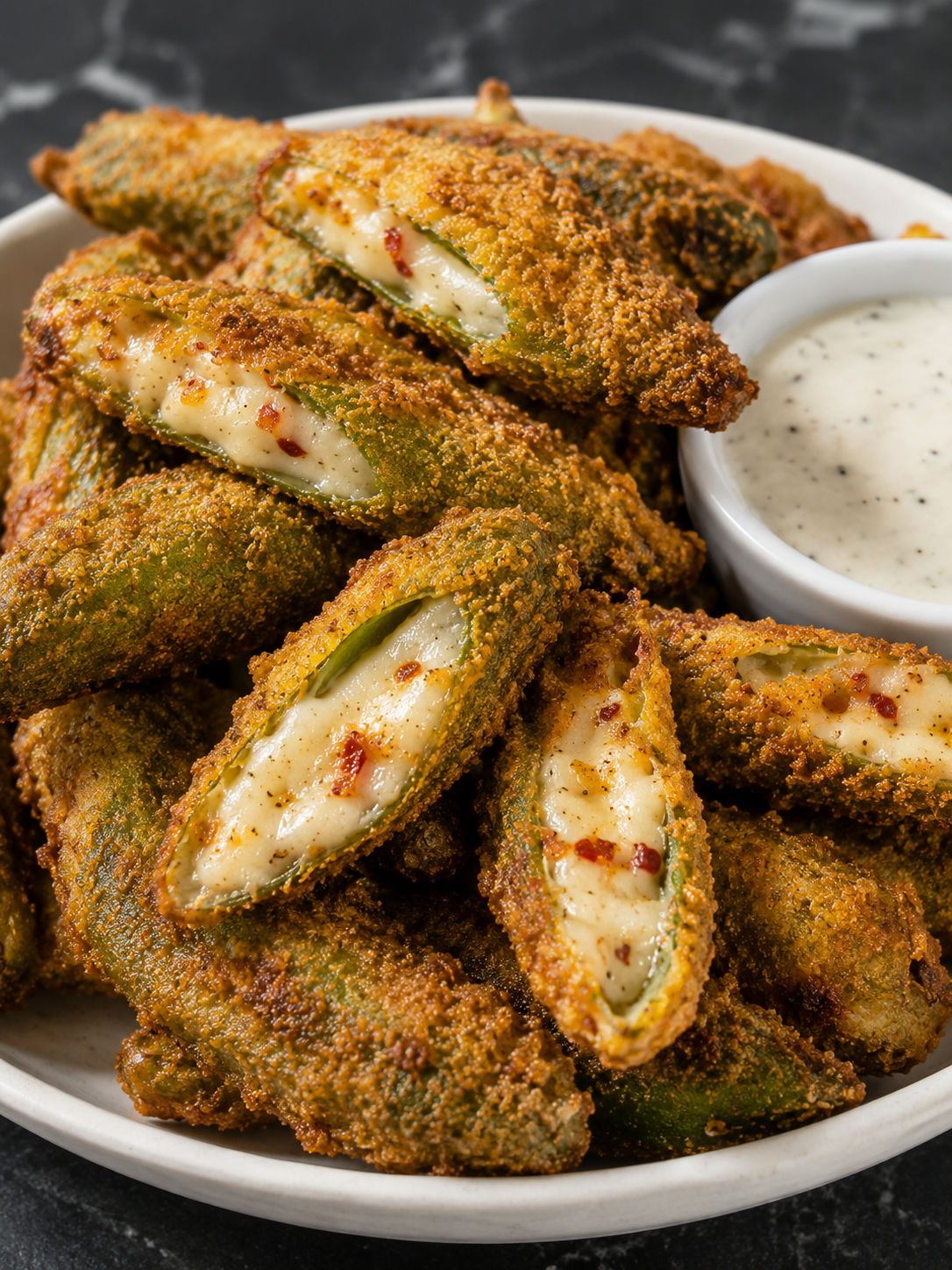 Golden pepper jack stuffed fried okra piled with creamy ranch dip