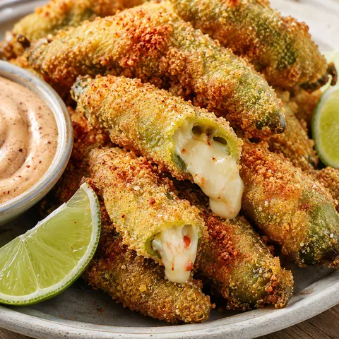 Pepper jack stuffed fried okra with lime and creamy dipping sauce