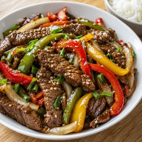 Pepper steak stir fry with colorful bell peppers and green onions