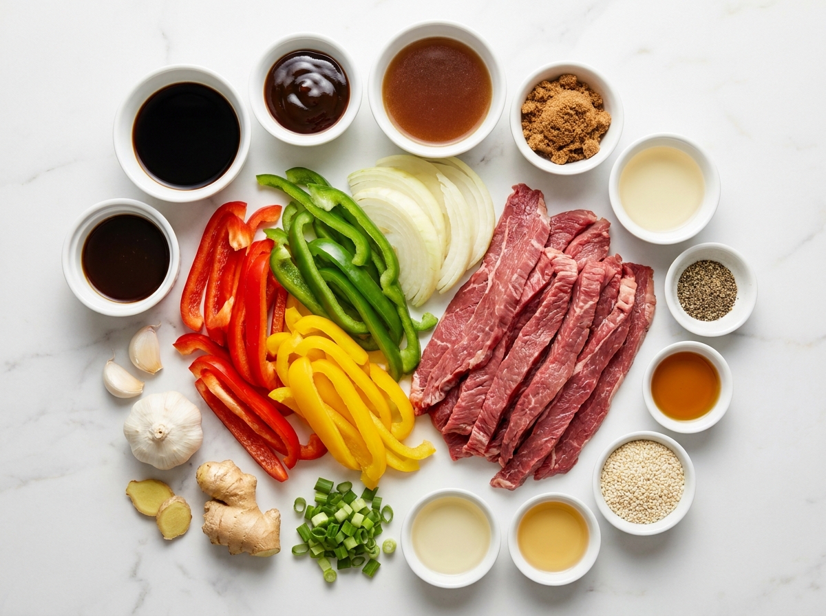 Raw beef, bell peppers, aromatics, and stir fry sauce ingredients