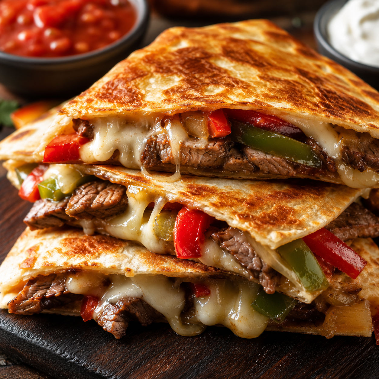 Pepper steak cheese quesadillas with bell peppers and melted cheese