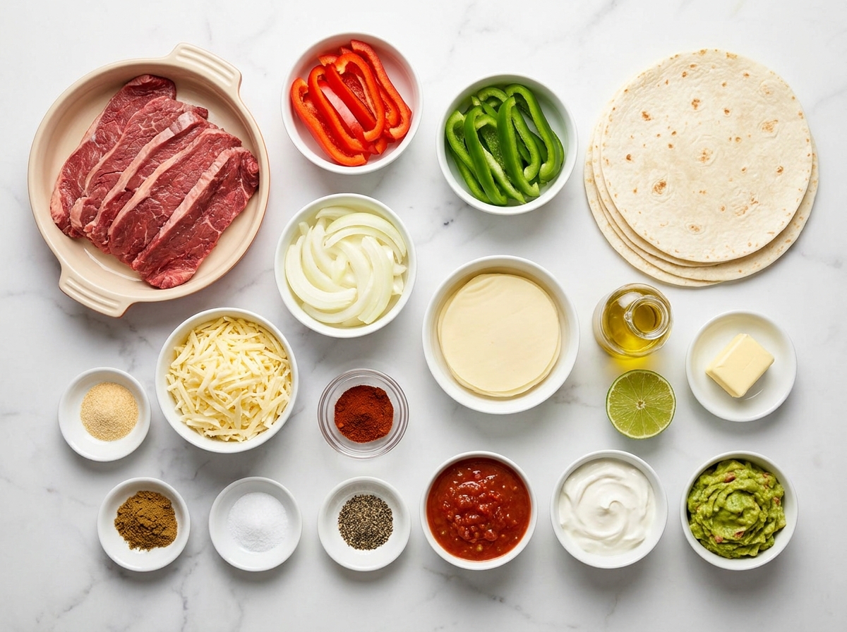 Ingredients for steak cheese quesadillas with bell peppers and tortillas