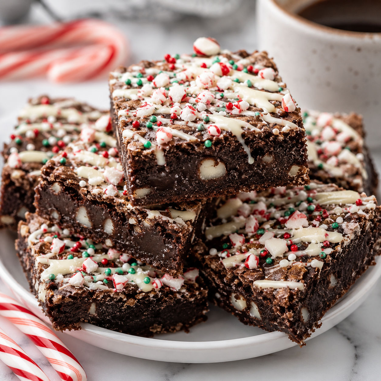 Peppermint mocha cookie bars with white chocolate drizzle and candy canes