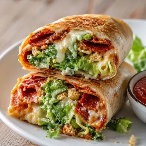 Pepperoni pizza Caesar wraps with romaine and melted mozzarella on a white plate