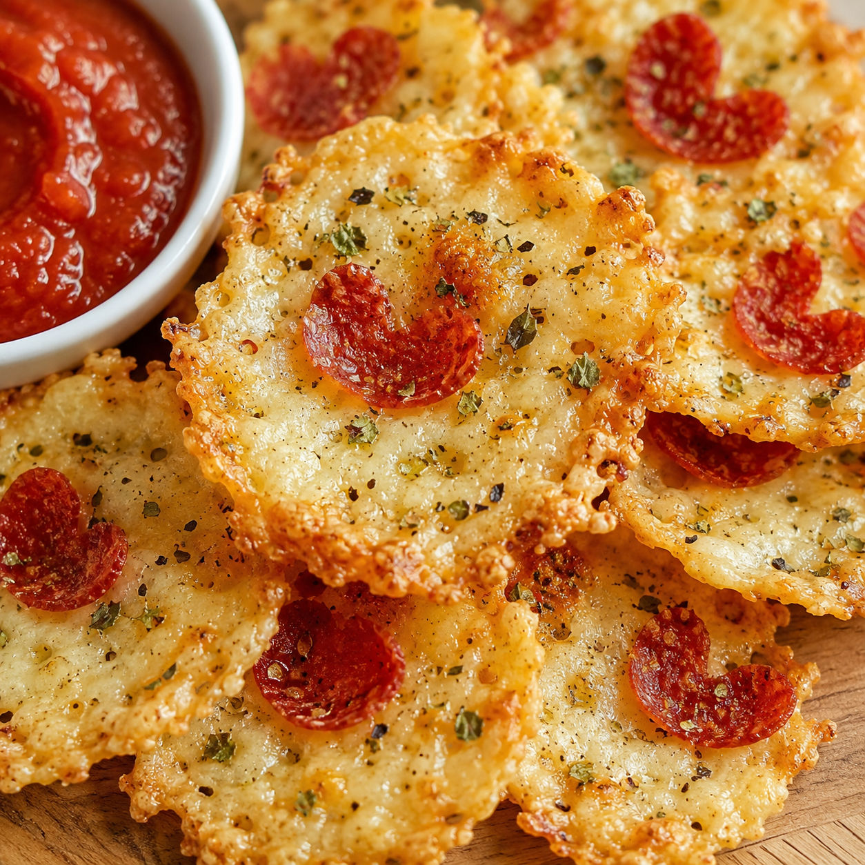 Pepperoni pizza chips with golden cheese layers and marinara dip