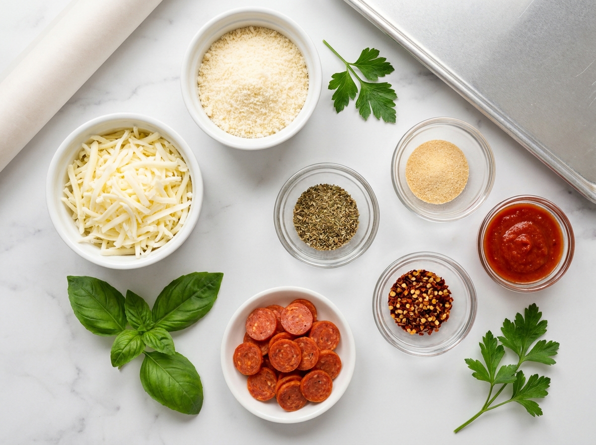 Mozzarella, Parmesan, pepperoni, herbs, and marinara for pizza chips