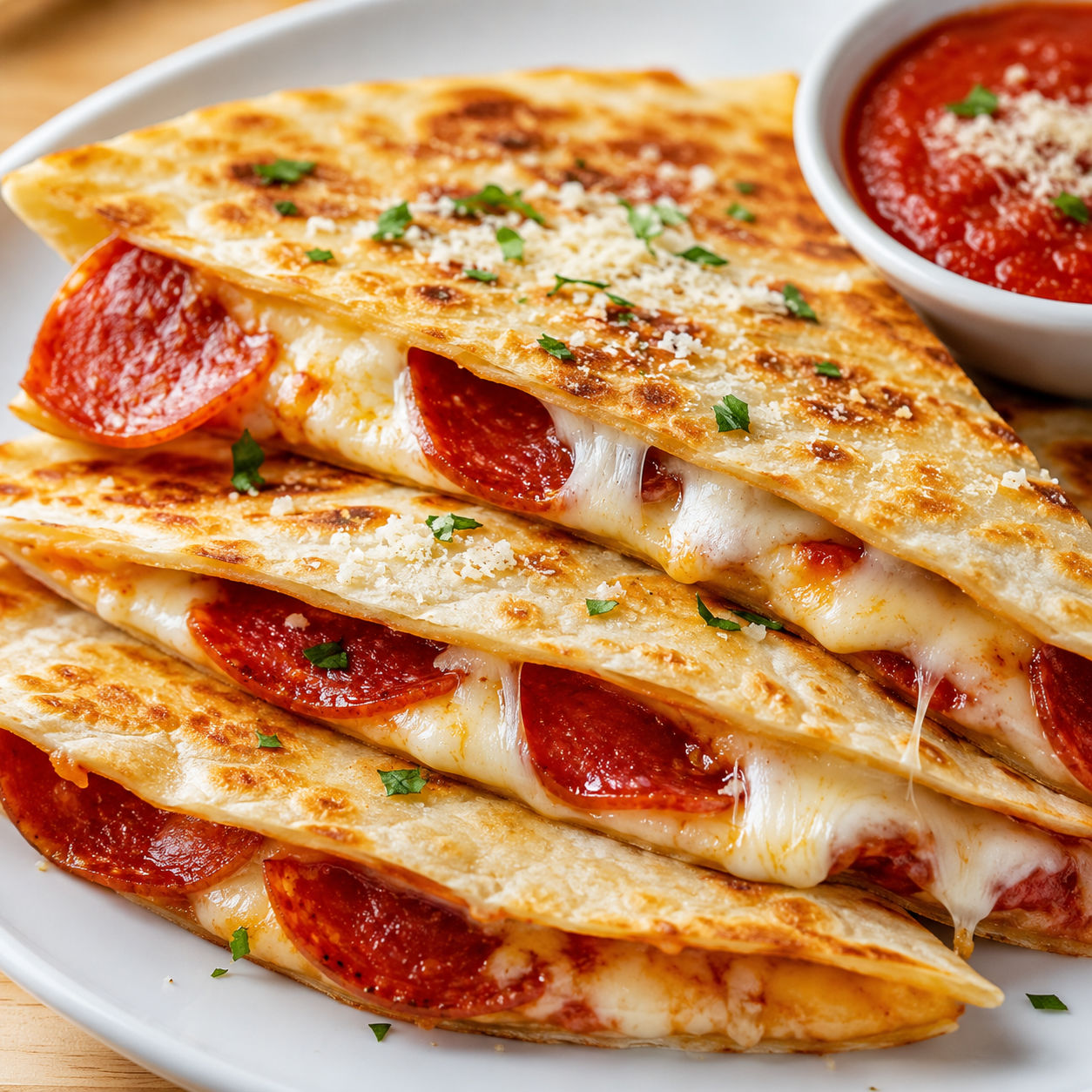 Pepperoni pizza quesadilla wedges with melted cheese and pizza sauce