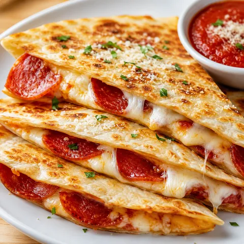 Pepperoni pizza quesadilla wedges with melted cheese and pizza sauce